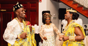 Ivoirian Wedding in Boston with bride and groom wearing traditional clothing