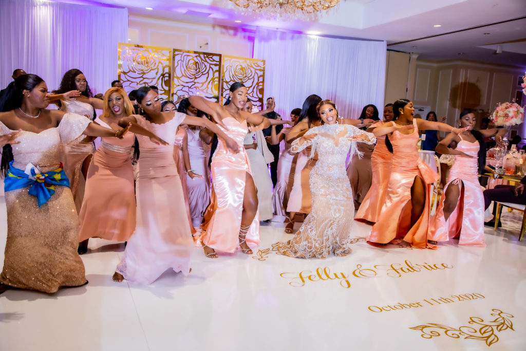 Bridesmaids dancing at congolese wedding reception in Nashua, NH